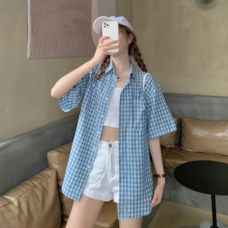 Plaid Shirts Women Pockets Cute Chic All-match Comfortable Baggy Summer Youthful Fashion Vintage Japanese Style Schoolgirls New