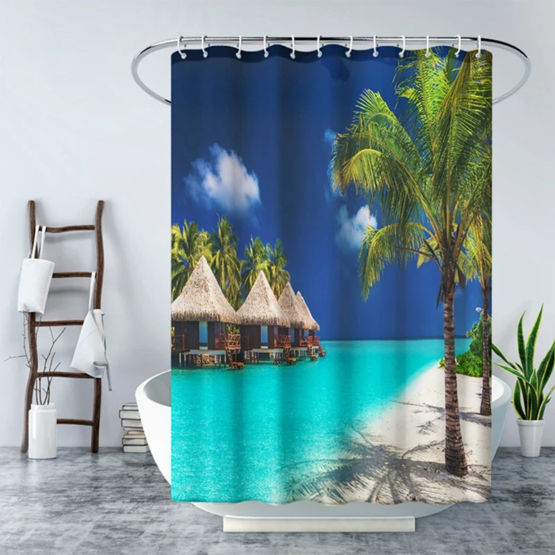 Seaside Sea Beach Sea Wave Coconut Tree Shower Curtains Bathroom Curtain Frabic Waterproof Polyester Bath Curtain with Hooks