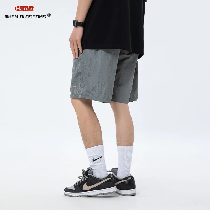 Men Women Pocket Drawstring Solid Soft Thin Metallic Texture Slightly Wrinkled Summer Loose Versatile Embroidered Sports Shorts