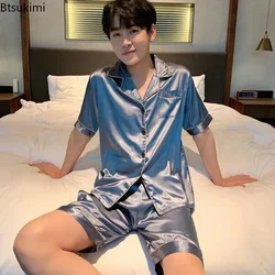 2024 Men's Casual Sleepwear Sets Silk Satin Pajamas Pants Set Button-Down Pyjamas Suit Pijama Male Loungewear Plus Size Pj Set