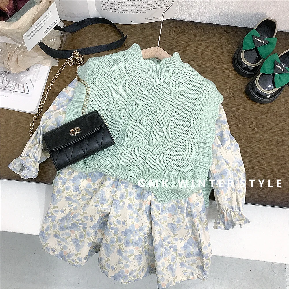 Spring Children Girl 2PCS Clothes Set Solid Knitted Vest Lapel Floral Printed Long Sleeve Dress Baby Girl Outfits Kid Girl Suits