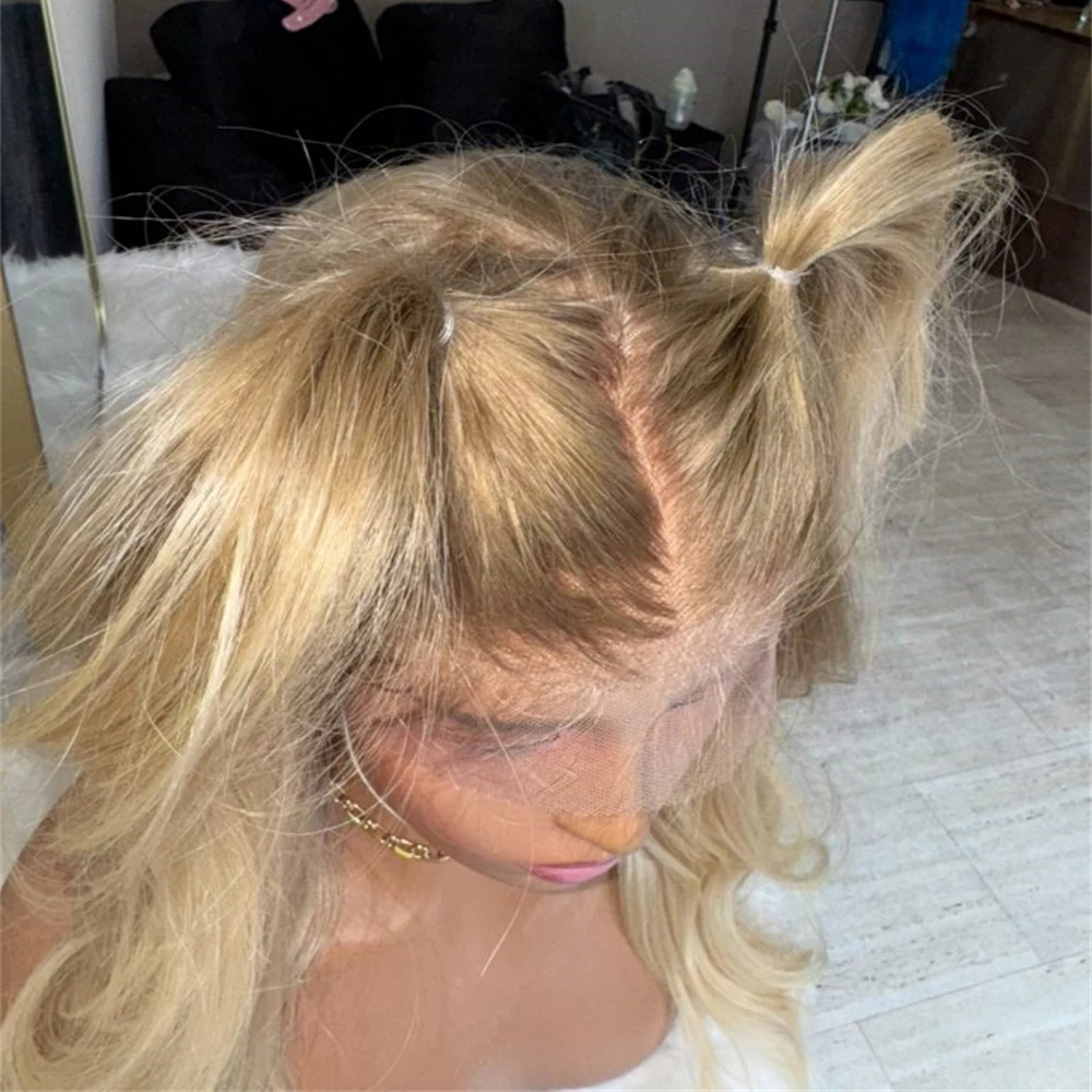 

New In Blonde Wig Golden Blonde Ombre Dark Roots Synthetic Fiber Lace Front Wig Heat Resistant Wig For Women Free Part Realistic