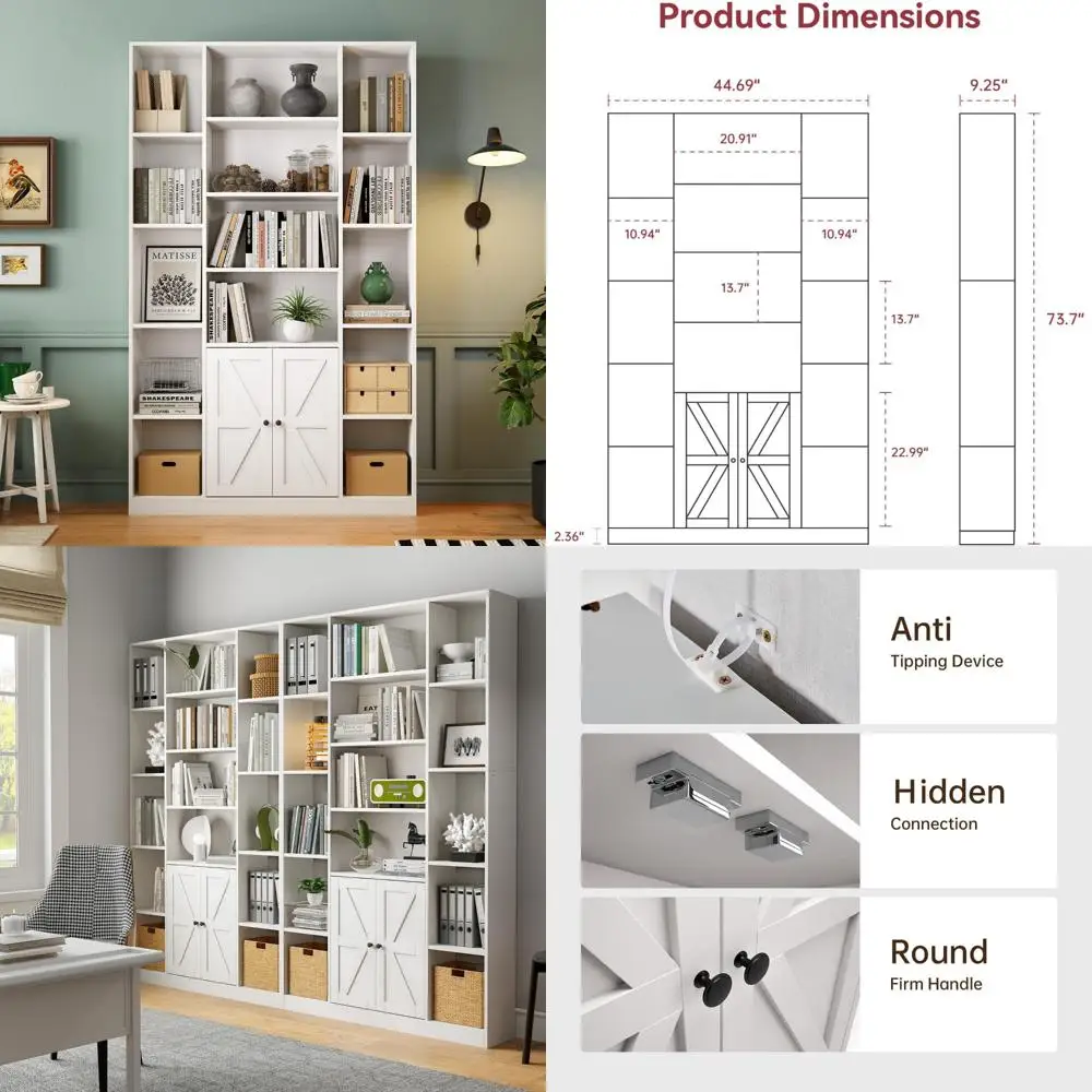 "خزانة كتب بيضاء بطول 74 بوصة مع أبواب وتخزين للمنزل والمكتب، مثالية لغرفة المعيشة وغرفة النوم"