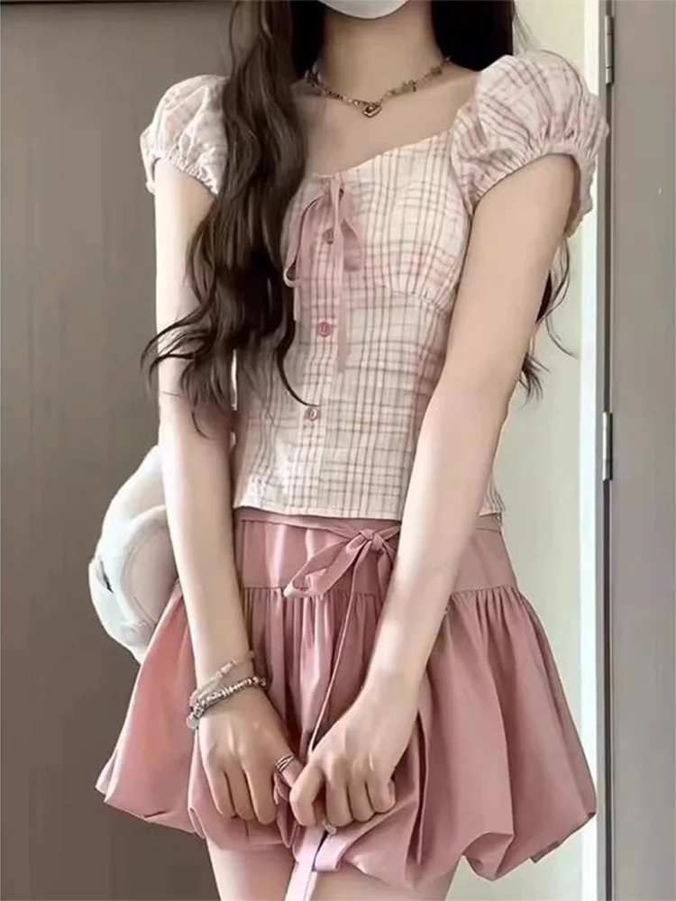 الحلو الوردي Bowknot زهرة برعم f تنورة المرأة الصيف حار منقوشة irt عالية الخصر منتفخ ort تنورة قطعتين مجموعة