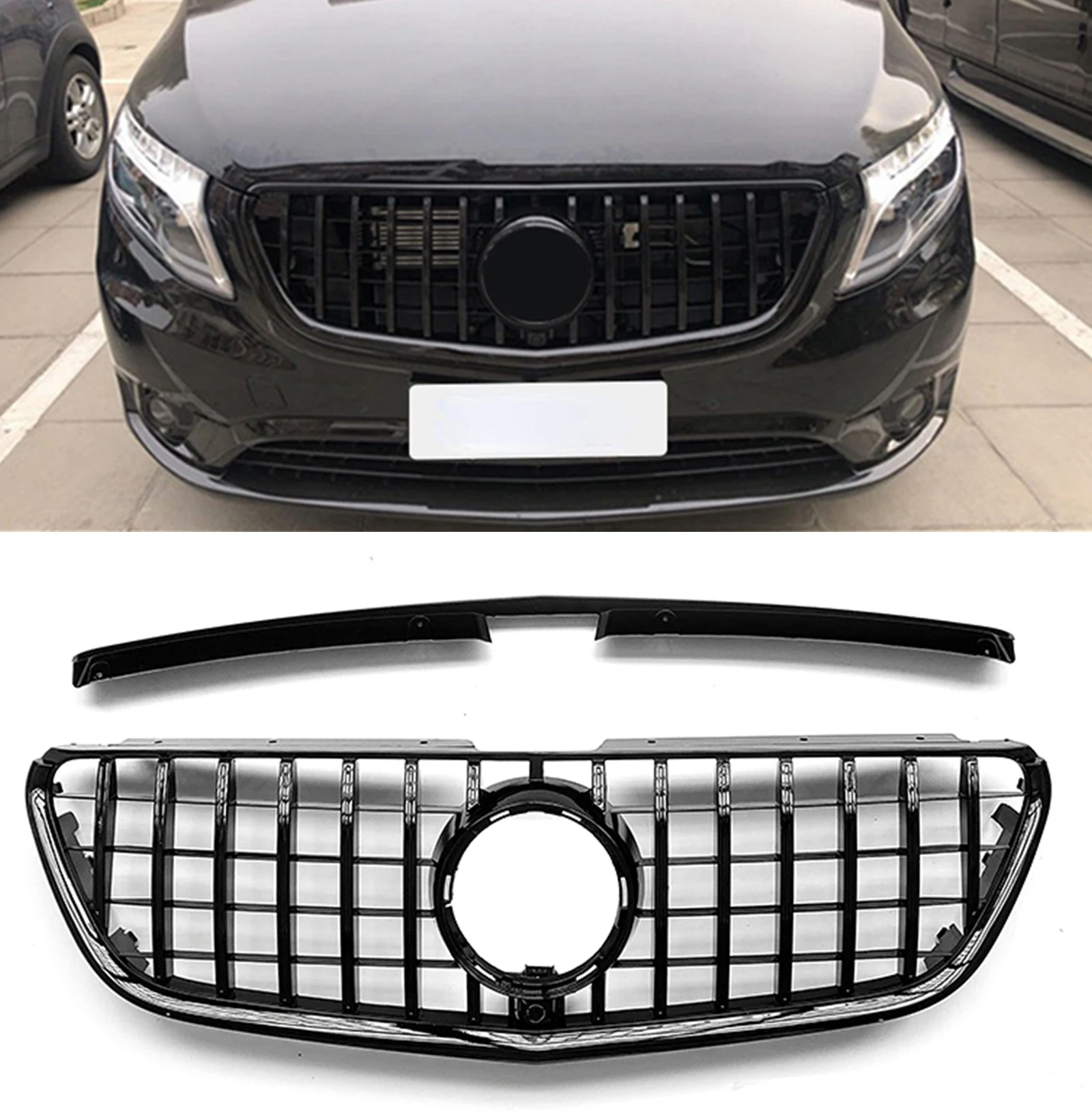 

For Mercedes Benz Metris V260 W447 2016 2017 2018 2019 2020 Front Grill Grille GT Style Black/Silver Upper Bumper Hood Mesh Grid