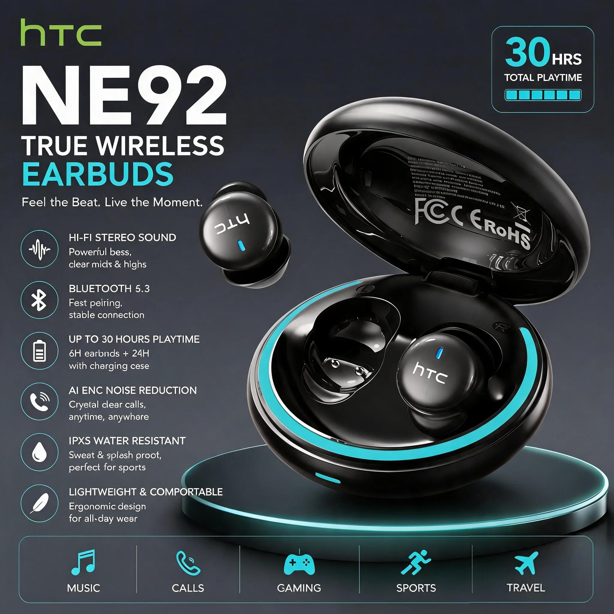 HTC NE92 TWS Wireless Earbuds 10mm Dynamic Drivers Smart Touch Lightweight 4g Earbuds with LED Battery Display