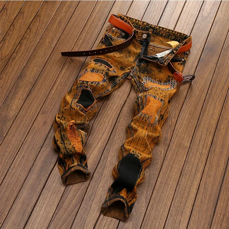 Autumn New Men's Orange Ripped Patchwork Jeans (No Belt) Personalized Fashion Vintage Denim Trousers Motorcycle Streetwear Male