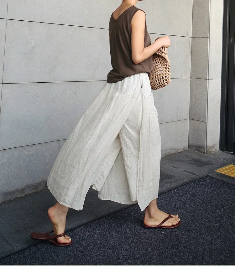 Female Mom Long Skirts for Women Spring Summer Two-piece Spliced Skirt Pant Women Cotton Linen Slacks Wide-leg Cropped Pants