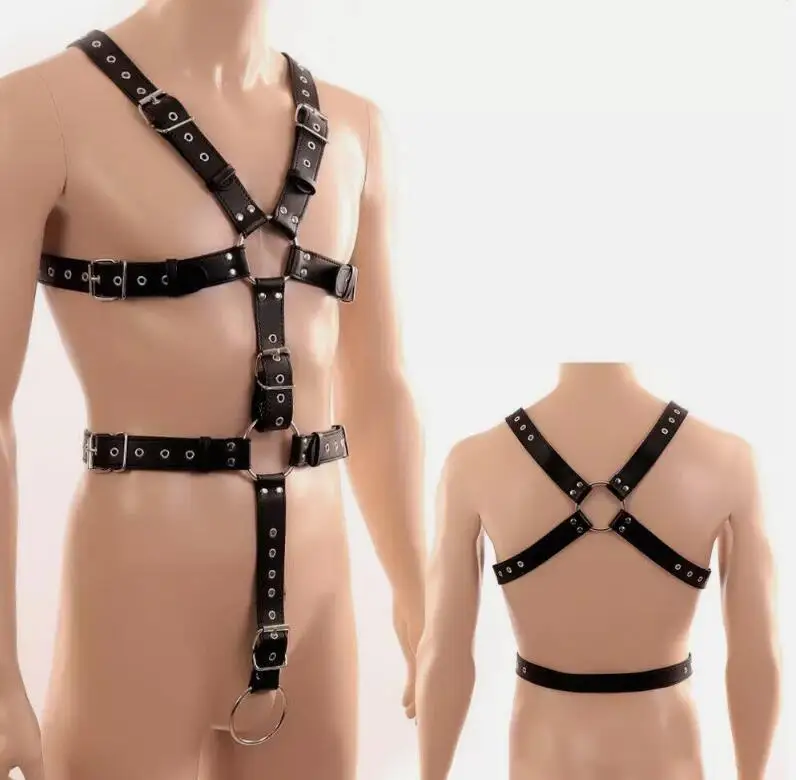 Pu Lederen Full Body Sexy Mannen Harnas Riemen Met Metalen Ringen Hot Sexy Lingerin Mannelijke Homo Erotische Kostuum Bondage Bandjes Club Rave