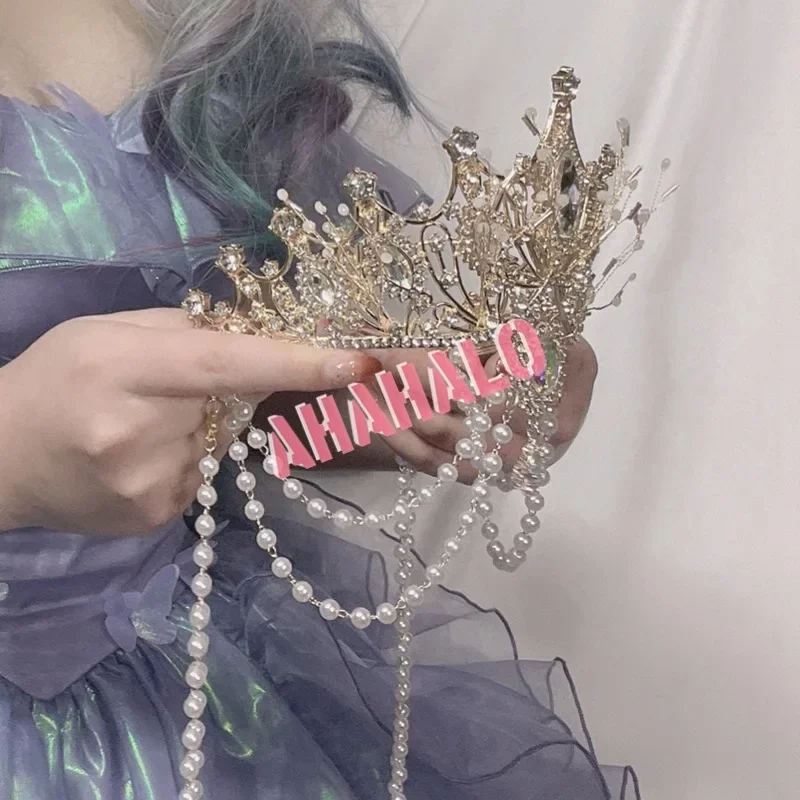 Gothic KC Crown Halo Lolita Gorgeous Bead Chain Pendant Gold Black Crown Headpiece Sun Goddess Queen Princess Hair Accessories