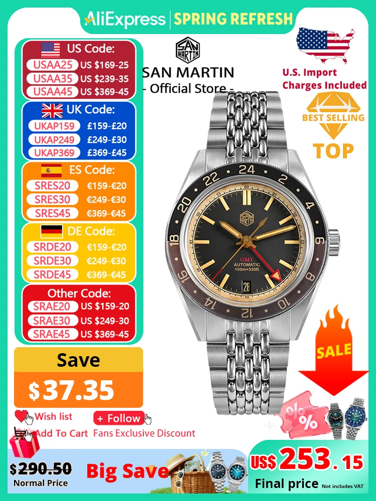 

San Martin New Vintage Distressed Aluminum Bezel NH34 GMT Automatic Mechanical Retro Men's Watch Sapphire Waterproof 100m SN0116