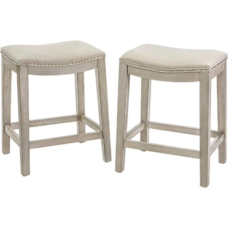 

Set of 2 Bar Stools Beige 24" Backless Premium Padded Indoor/Outdoor Nailhead Cushion Kitchen Counter Chairs Pub Seat