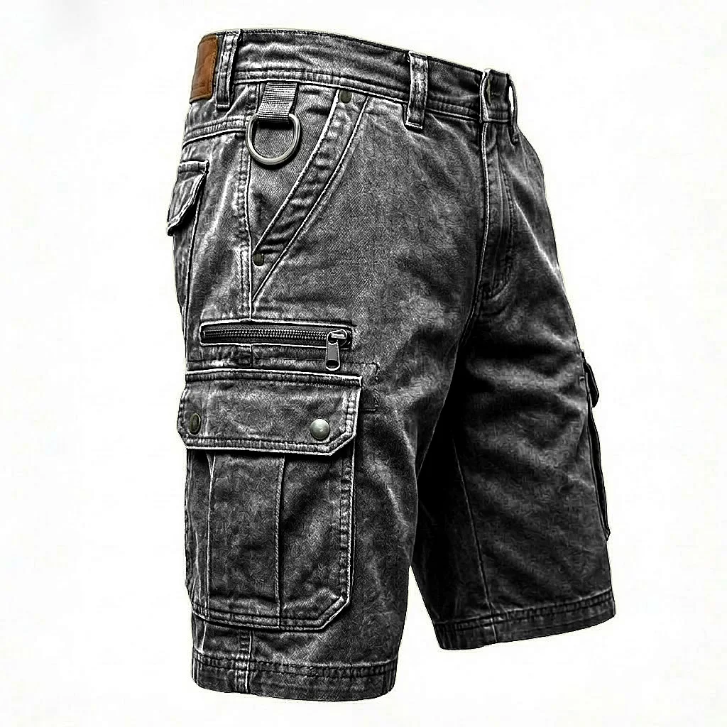 

Мужские винтажные джинсовые шорты-карго с эффектом потертости, многокарманные повседневные шорты, хлопковые шорты для походов, рыбалки, летней уличной моды, длиной до колена