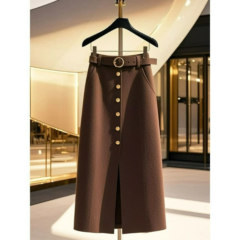 الكورية نمط أنيق الراقية واحدة الصدر معطف قصير حزام ألف خط تنورة المألوف قطعتين مجموعة للنساء في الخريف الشتاء