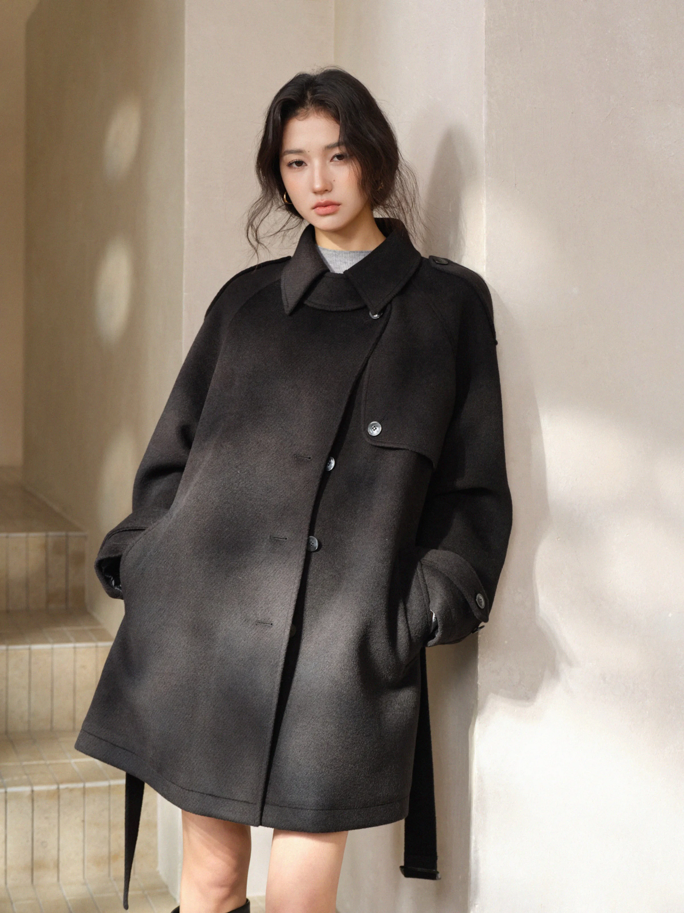 Abrigo de capa con solapa Vintage para mujer, ropa de abrigo con cinturón de longitud media para invierno, ajuste holgado, elegante, cálido, para ir al trabajo, aspecto de estilo diario