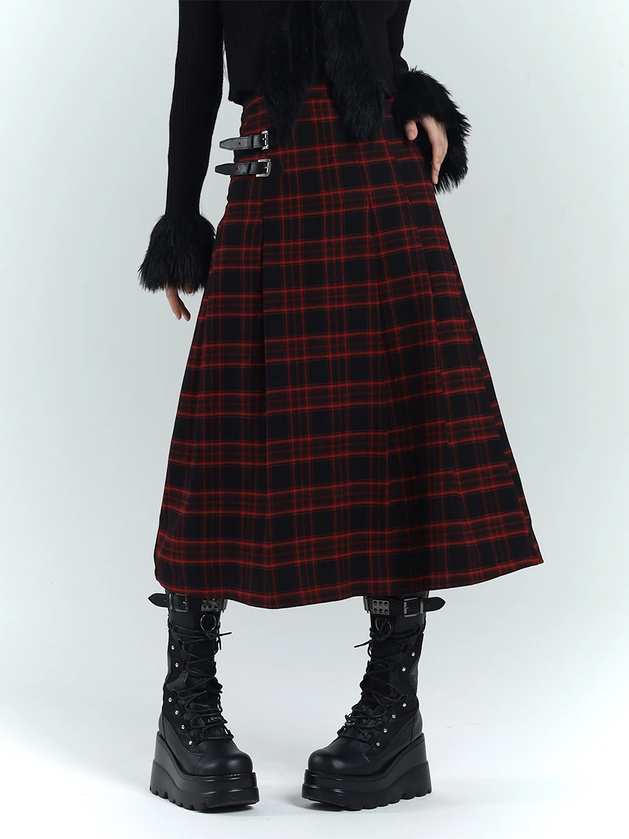 Ghost Girl Original High Waist A-Line  Skirt Retro Subculture Matching Bla And Red Plaid Long Skirts for Spring Autumn