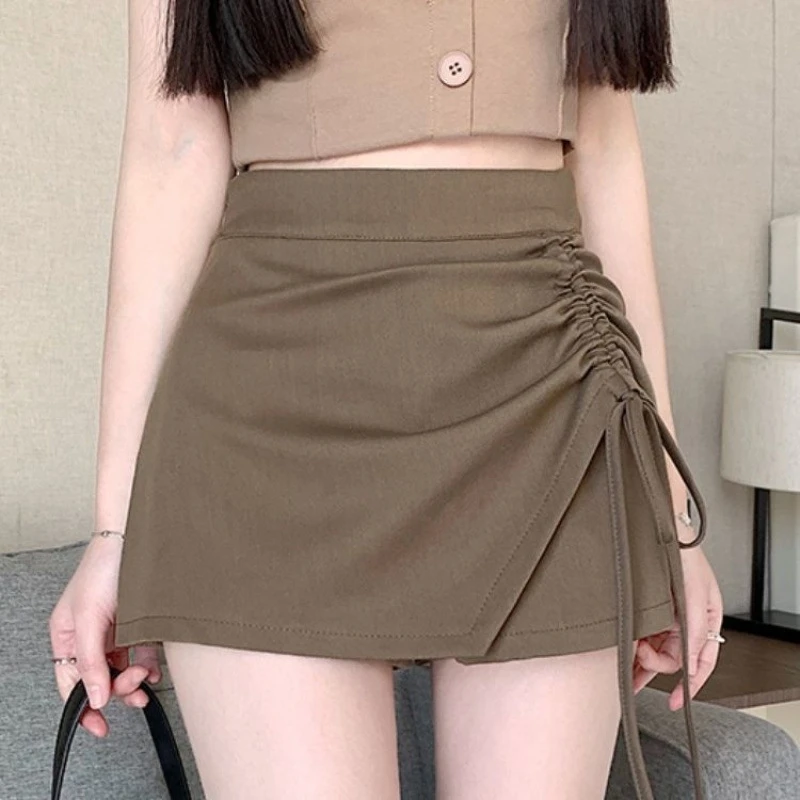 

High Waist Asymmetrical Pleated Women's Skirt Korean Sle Fitted A-Line Ort Skirt Polyester Fabric