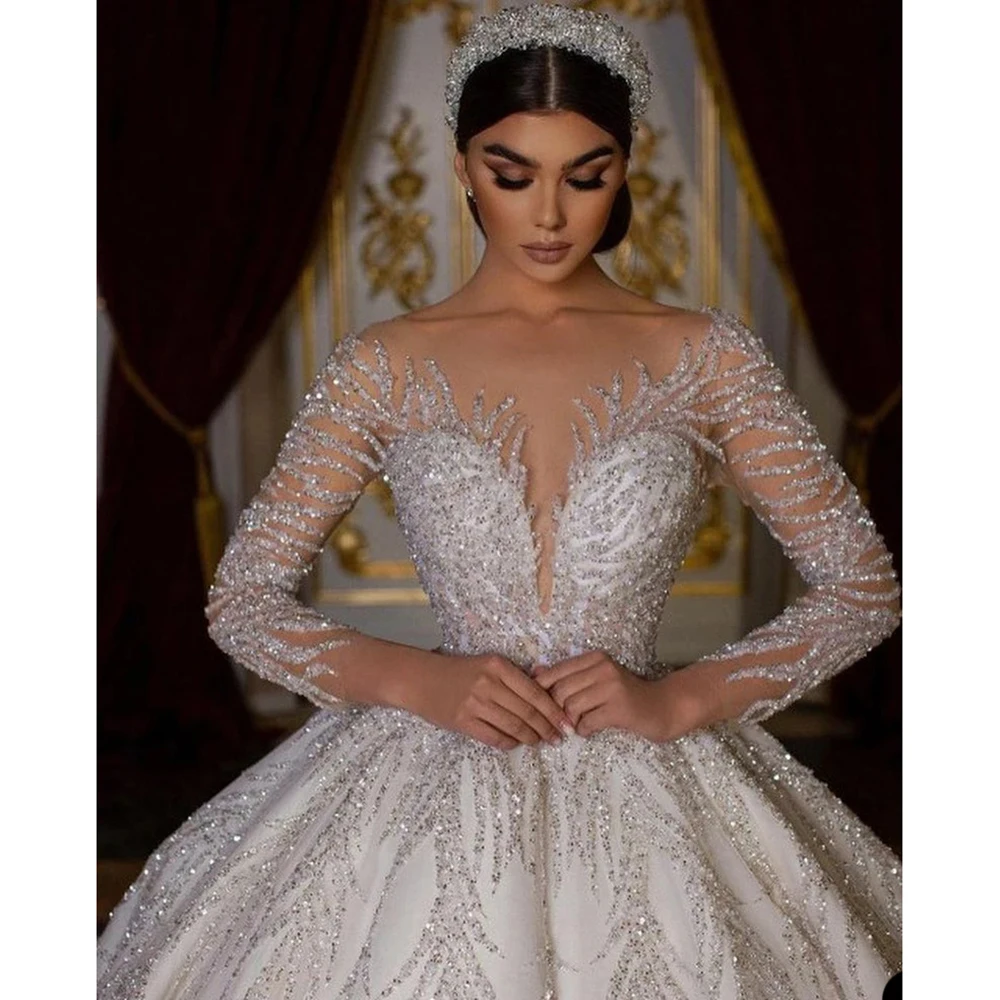 

Luxury Ball Gown Wedding Dress Tulle O Neck Sequin Backless Full Sleeve Bridal Gown Customized Bride Dress Vestido De Novia