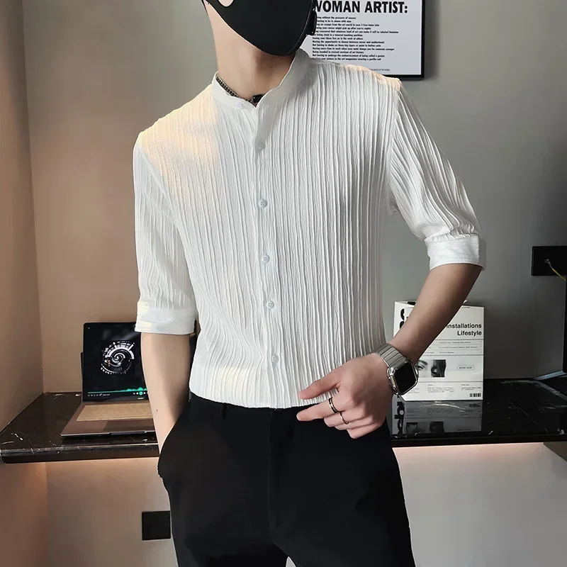 2023 Men's Business Stand Collar Half Sleeve Casual Shirts/Male Slim Fit High-Grade Stripe Shirts/ Club Wear Formal Clothing Top