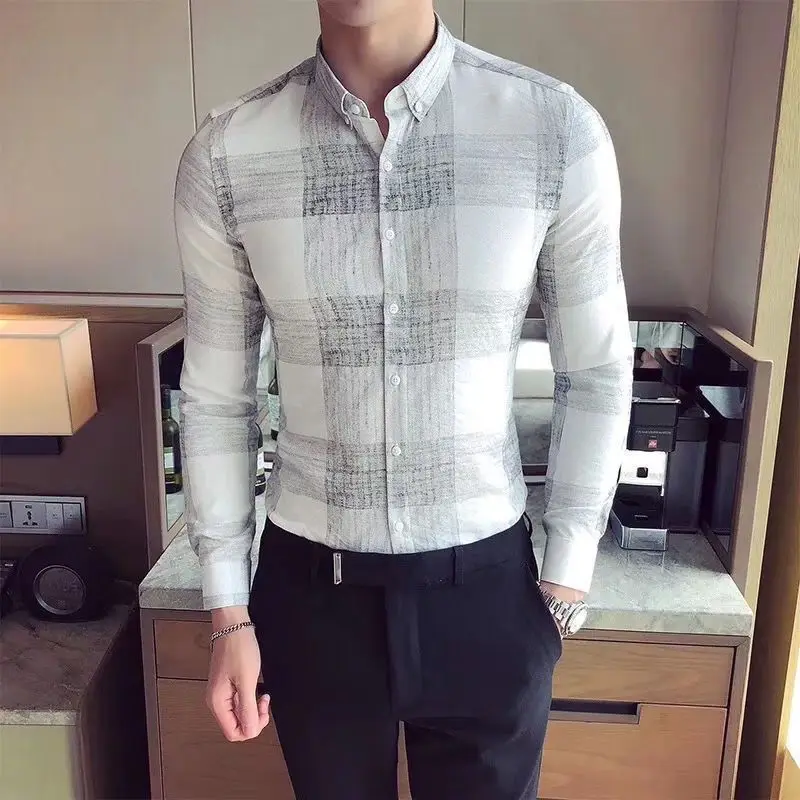 Fashion Spring Autumn Men Shirts New Lapel Plaid Single Breasted Smart England Casual Office Social Korean Slim Long Sleeve Tops