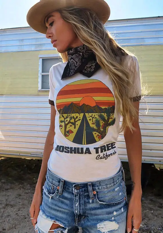 Vintage Style Joshua Tree Printing Women Short Sleeve t shirt 80s 90s 2023 Summer Modal Ringer Tees Loose Crewneck Casual Tops