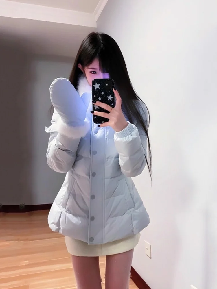 

Winter Thickened White Duck down Blue Ribbed Short Coat Women's Korean Style Fur Collar Waist-Cinching Slimming Outerwear