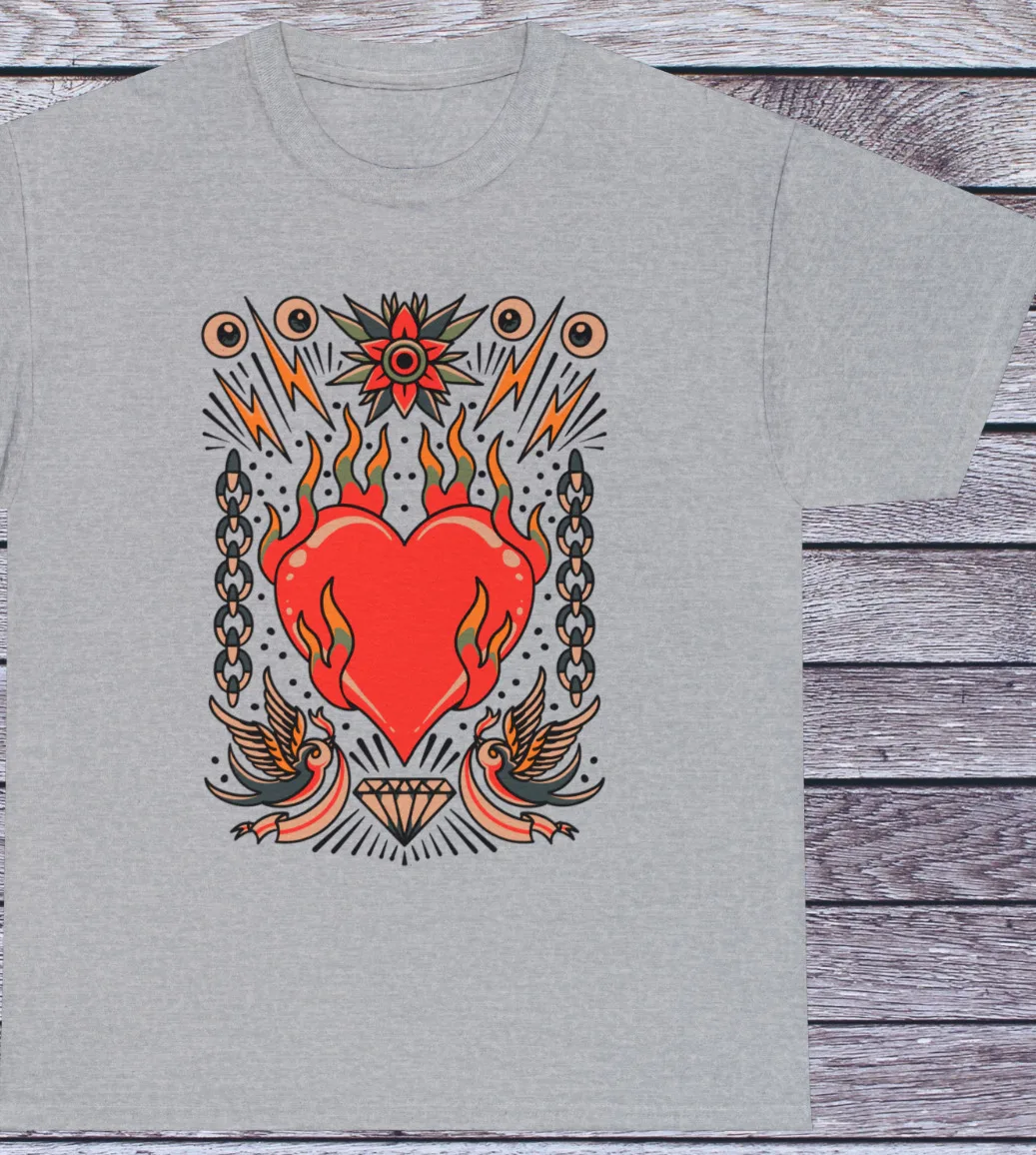 

Burning Heart Set T Shirt Vintage Classic Old School Tattoo Clothing Street