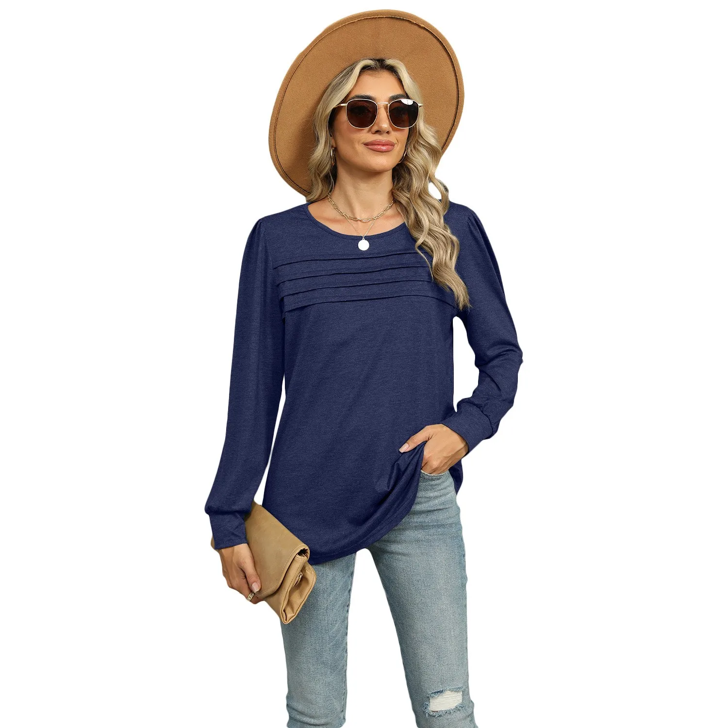Pleated Round Neck Top H Line Casual with Long Sleeve Princess Sleeve Autumn Mid Length Streetwear Pullover T Shirts for Women
