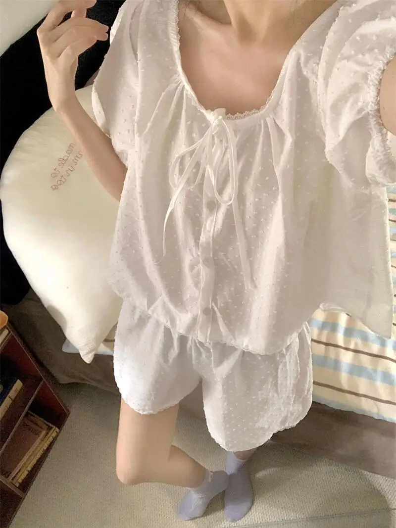 

Комплект одежды Sweet Lace Trim ort Sve Spwear Удобная повседневная домашняя одежда больших размеров Женская круглая летняя одежда на пуговицах спереди...