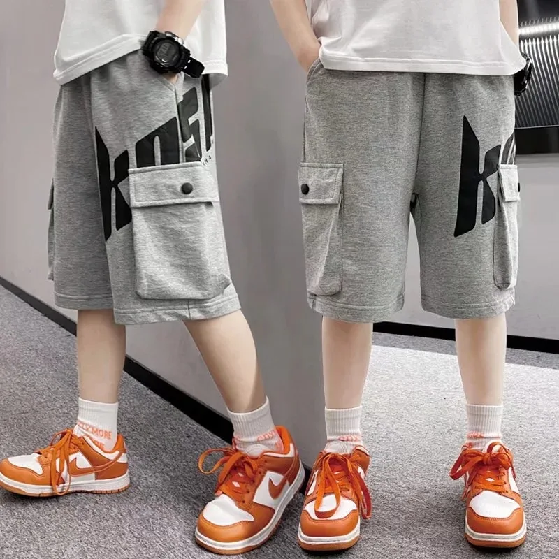 New Kids Shorts for Boys Summer Casual Cotton Lettered Print Pocket Pants Fashion Streetwear Teenager Shorts Sport Clothes