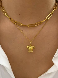 Peri'sbox Waterproof 18K Gold Plated Turtle Pendant Necklace Minimalist Stainless Steel Choker Necklaces for Women Daily Jewelry