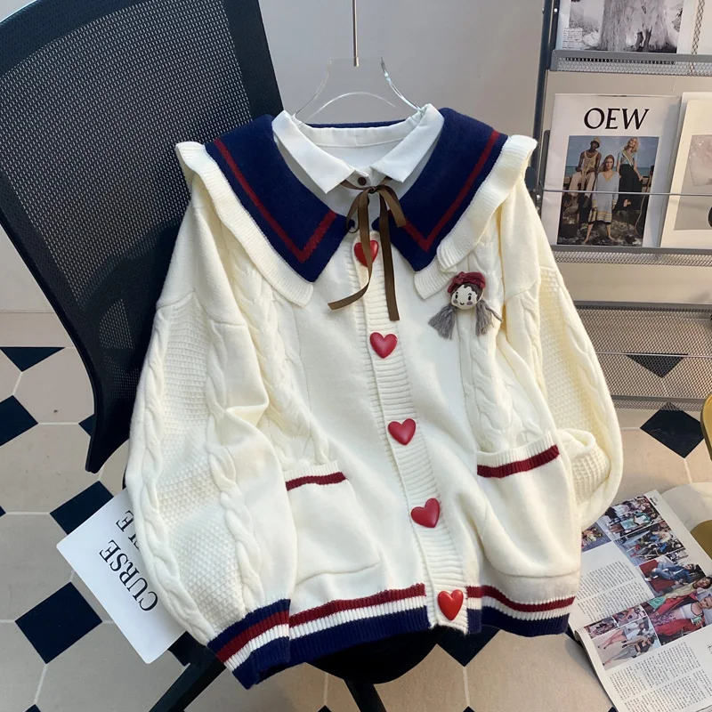 

Кукольный воротник, свитер в студенческом стиле, кардиган, женские осенние и зимние джемперы, новая свободная и ленивая вязаная куртка, уменьшающая возраст