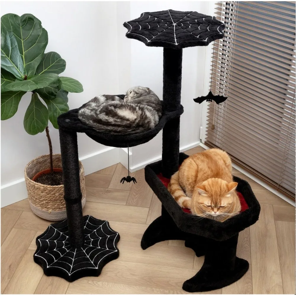 Gothic Cat Tree with Coffin Cats Bed, Hammock, Spider & Bat Goth Cats Toys - 35 Inch Tall Coffin Cat Tree