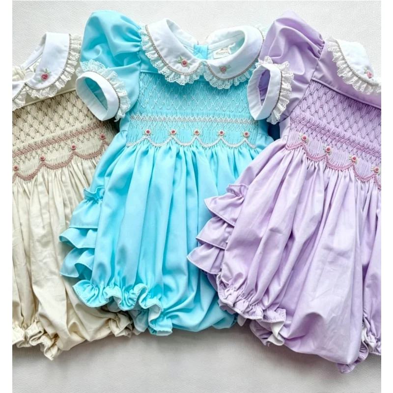 Baby Girl Vintage Hand Smocked Rose Embroidery Bubble Romper for Newborn 1st Birthday Part yWedding Photography  A438