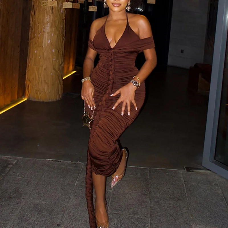 Womens Brown Halter Neck Ruched Maxi Dress Off Shoulder Deep V-Neck Bodycon Dresses with Trailing for Party Clubwear