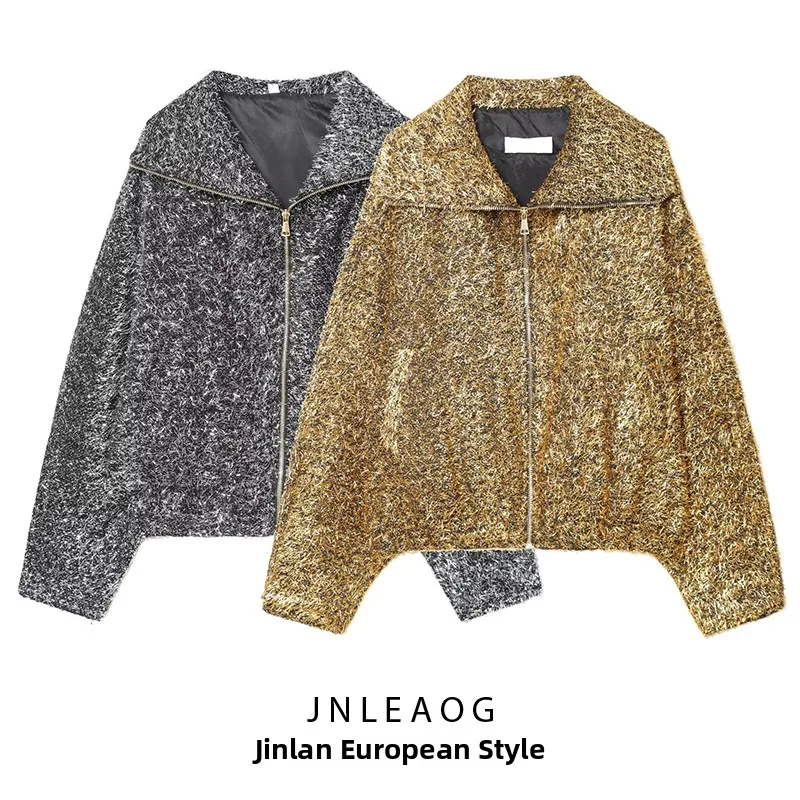 

Faionable Pilot Jaet Outerwear in Two Colors Metal Color Polyester Fiber Women's Stand Fit Long Sve Zipper Closure