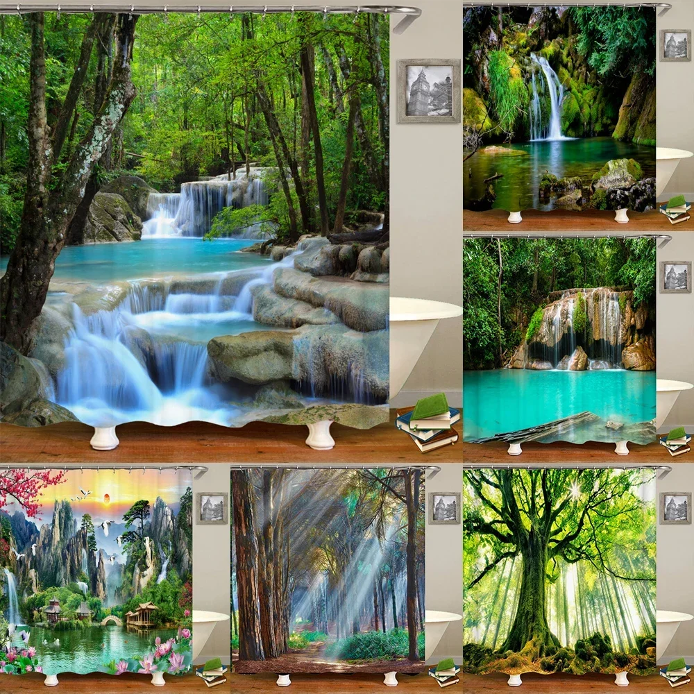 3D-Druck Grüner Wald Wasserfall Duschvorhänge Wasserdichter Badezimmervorhang mit Haken Badvorhang 180*200 Polyester Fabri