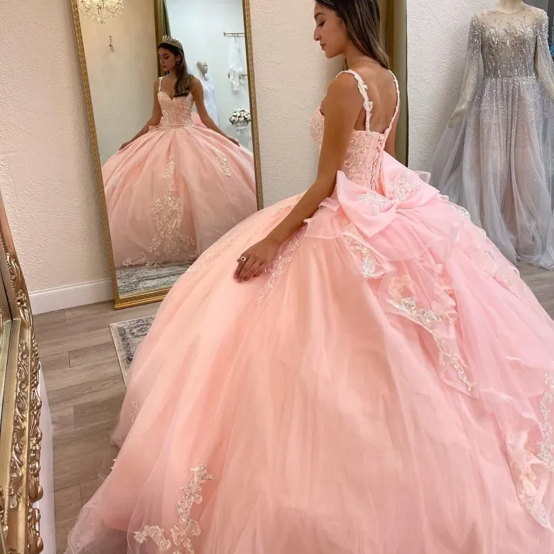 ANGELSBRIDEP tali Spaghetti merah muda gaun putri Quinceanera manik-manik applique bunga gaun 16th manis Vestido De Xv aauos