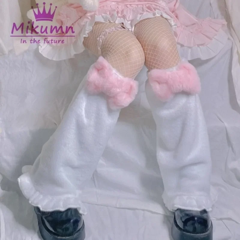1 Paar süße rosa Schleifen-Beinstulpen aus japanischem Plüschfell – Winterwarme Beinwärmer im Harajuku-Stil, Schleifen-Stiefelmanschetten, JK Lolita Socken – Detail 5