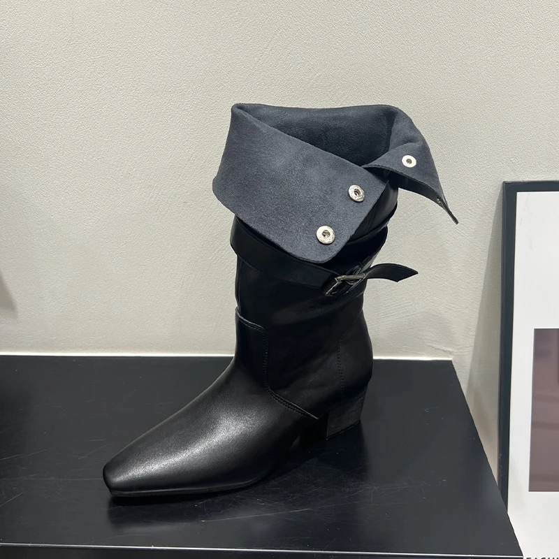 منتصف العجل حذاء نسائي بكعب عالٍ أحذية مكتنزة من جلد الغزال أحذية الشتاء مضخات أنيقة 2025 موضة الأحذية الغربية مشبك Mujer تشيلسي بوتاس #3