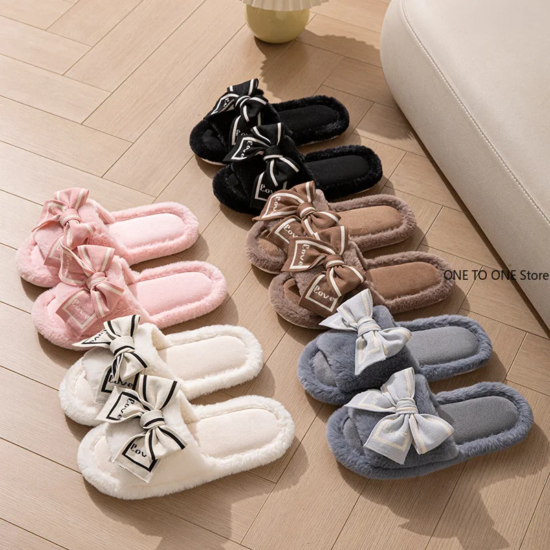 

Casual Fluffy Slippers Women House Flats Fashion Winter Bowknot Love Designer Shoes Ladies Home Plush Platform Elegant Wholesale