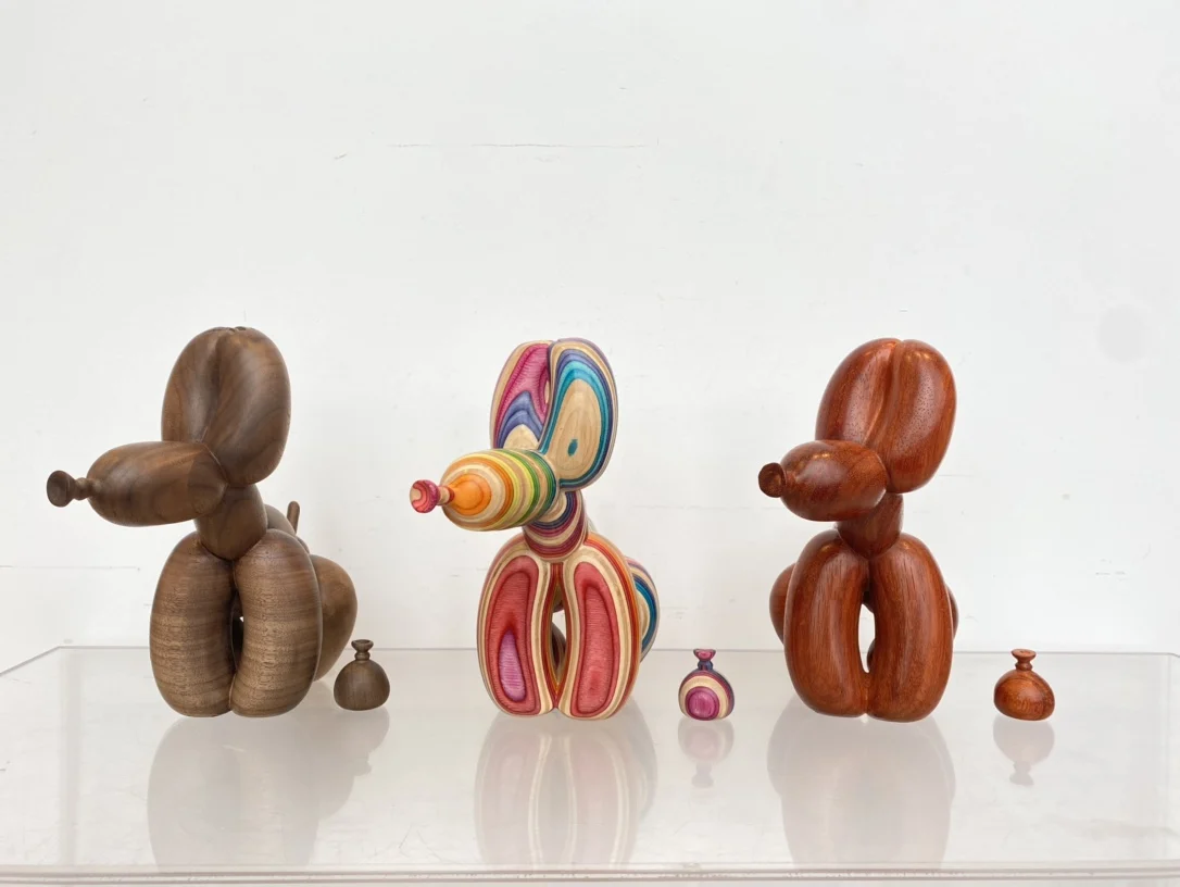 Balloon Dog Woodworked Popekmighty Jaxx Walnut, Rainbow Wood, Red Rosewood Three Wood Materials 23cm Height Jeff Koons