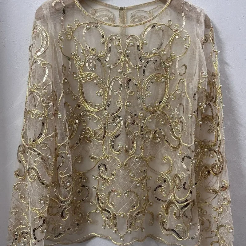 2025 New Spring Summer Luxury Beads Fashion Perspective Long-sleeved Crew Neck Temperament Sequined Women's T-shirt Top