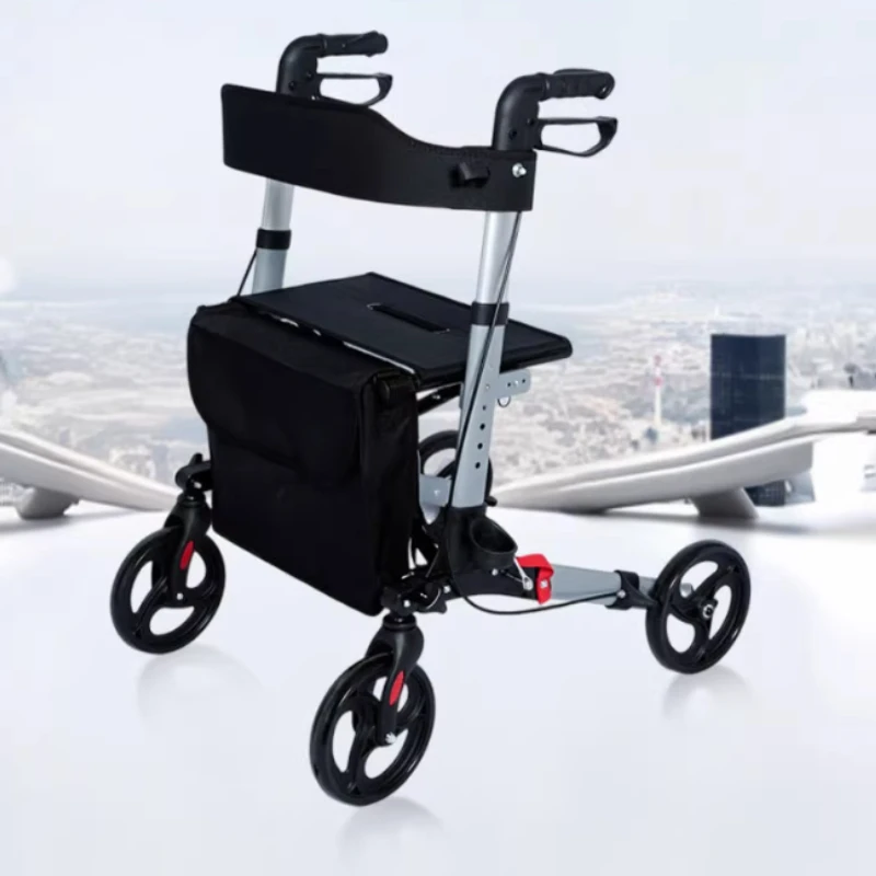 Upgraded Aluminum Portable Assistive Walking Support Rollators Foldable Walkers with Seat & Adjustable Height Mobility Aid Cart