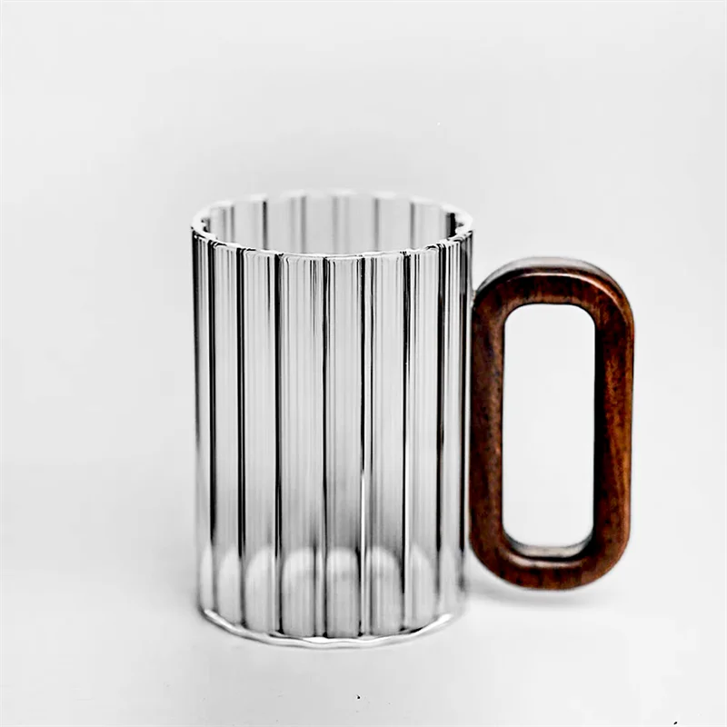 350ml Vertical Stripe High Borosilicate Glass Coffee Mug With Walnut Wooden Handle Heat-Resistant Tea Mug Milk Coffee Cup