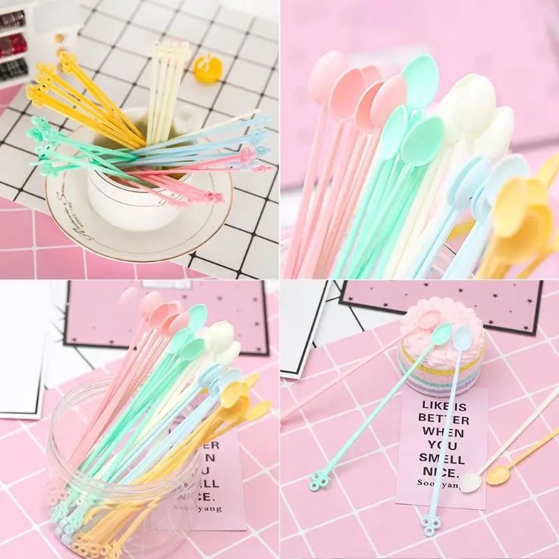 30Pcs Candy Color Plastic Spoon Long Handle Coffee Tea Ice Cream Milk Sauce T21C