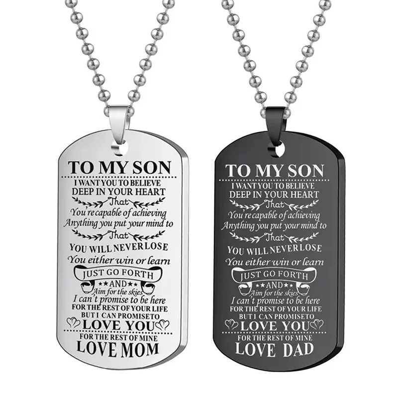 To My Son Inspirational Necklace Black Silver Plated Stainless Steel Dog Tag Pendants Necklaces