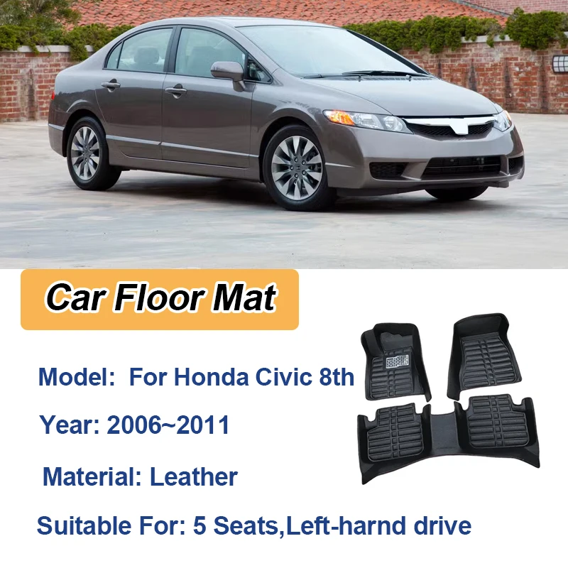 For Honda Civic 8th Gen FA FD FG 2006~2011 Car Floor Mat Leather Panel Liner Covers Custom Foot Waterproof Interior Accessories