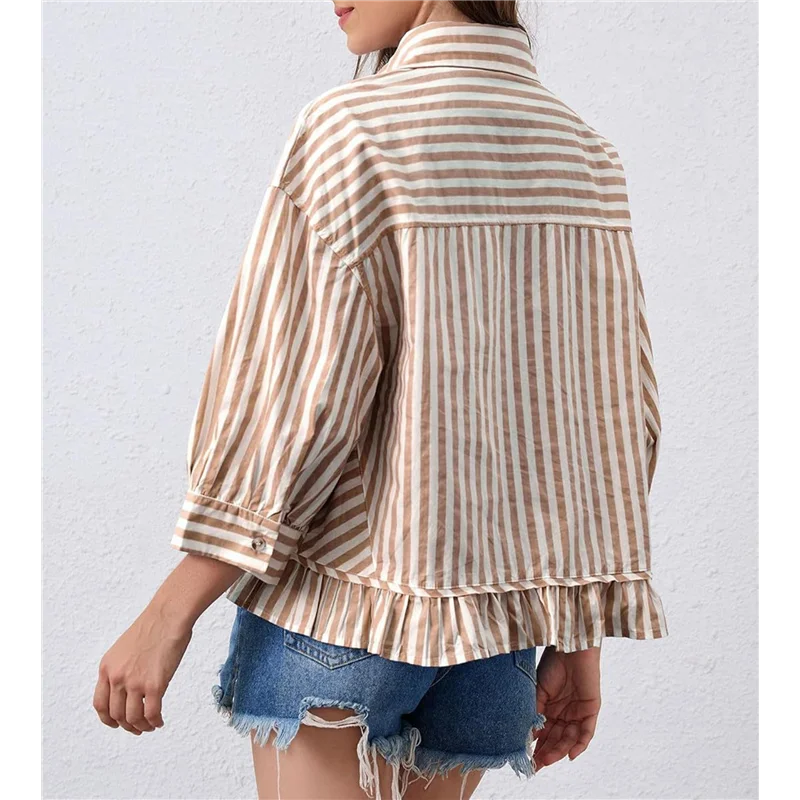 【SEE】Mulher manga 3/4 listrada botão para baixo camisa solta ajuste ombro caído na moda babado bainha blusas listradas topo