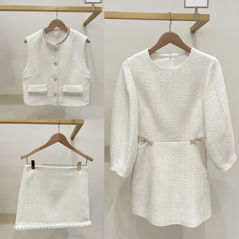 

Жемчужный круглый грубый твидовый жилет Dr с обнажением талии, ранняя весна 2026, застежка на одной пуговице для поездок на работу